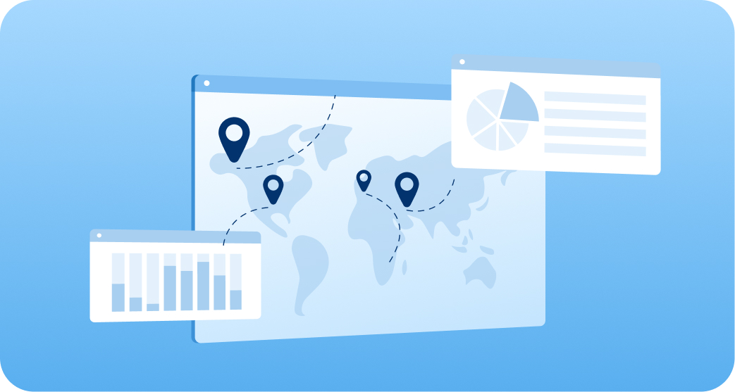 A world map with location markers and dotted travel lines, overlaid with bar and pie chart graphics on a blue gradient background.