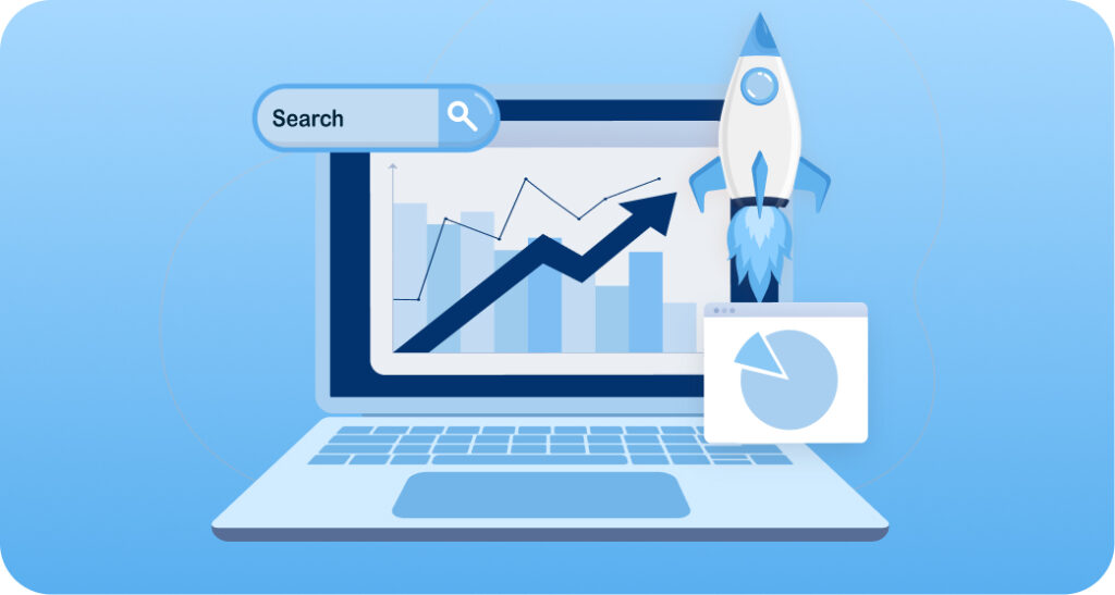 Laptop displaying bar and line graphs with an upward trend, a rocket, a search bar, and a pie chart window, symbolizing growth and data analysis.