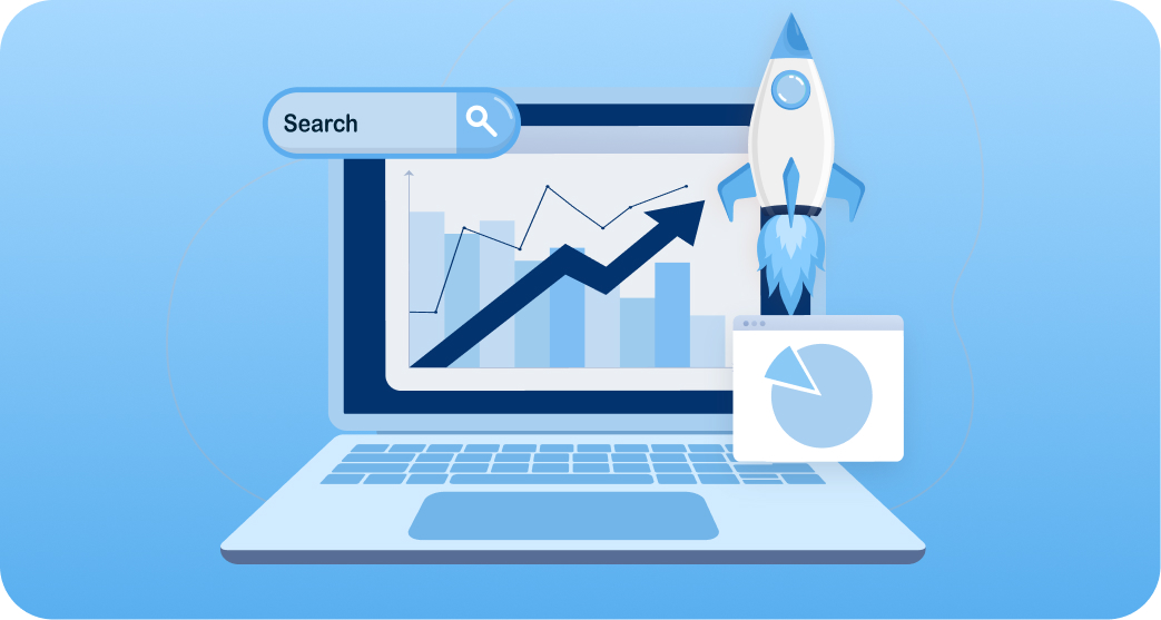 Laptop displaying bar and line graphs with an upward trend, a rocket, a search bar, and a pie chart window, symbolizing growth and data analysis.