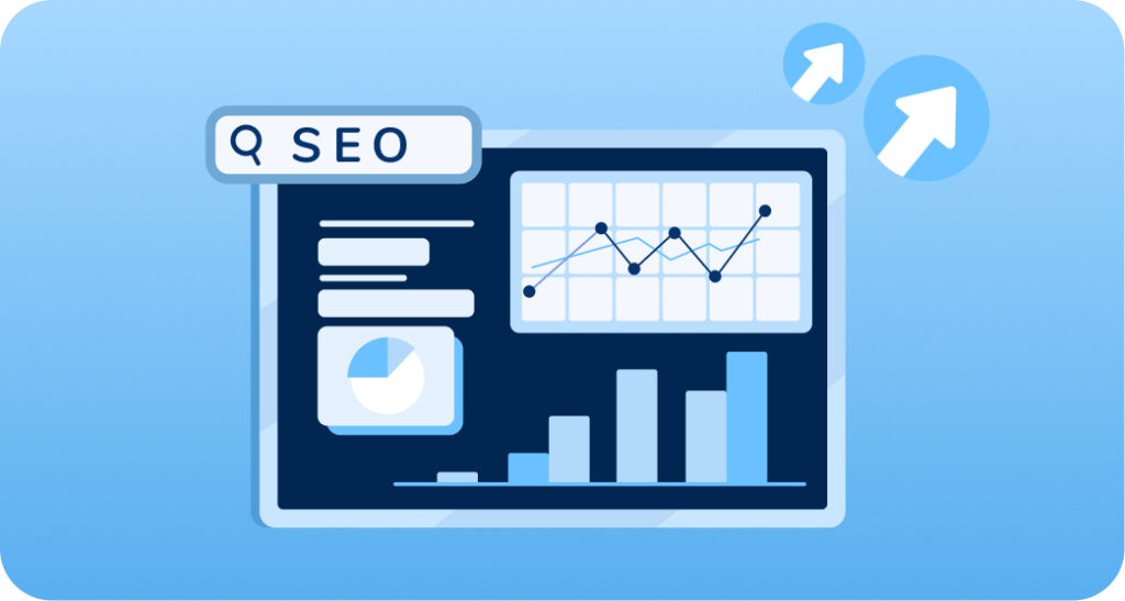 Illustration of an SEO dashboard displaying a search bar, line graph, pie chart, and bar chart with upward arrow icons in the background.