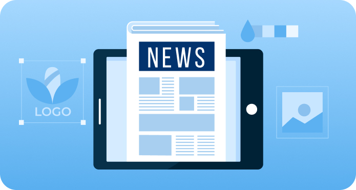 A digital tablet displays a newspaper with the headline "NEWS," surrounded by design elements like a logo, a color palette, and an image icon on a blue background.