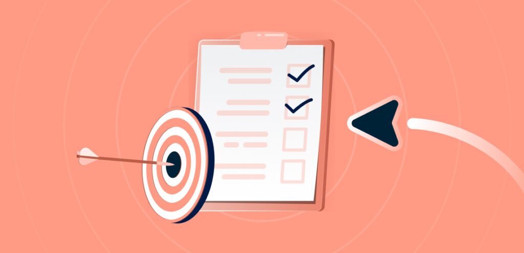 Illustration of a clipboard checklist with some boxes checked, a bullseye target with an arrow in the center, and a cursor pointing toward the clipboard.