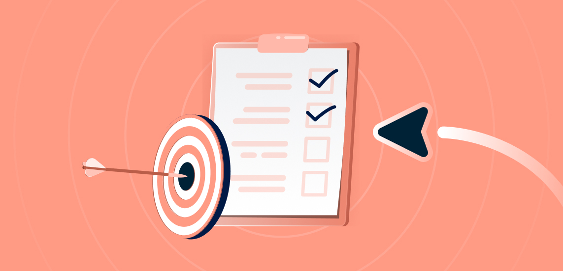 Illustration of a clipboard checklist with some boxes checked, a bullseye target with an arrow in the center, and a cursor pointing toward the clipboard.