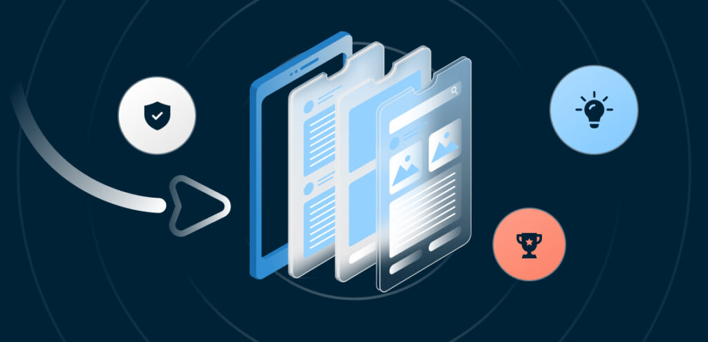 Illustration of overlapping digital screens with icons of a shield, lightbulb, and trophy on a dark blue background.