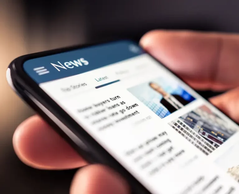 A person holds a smartphone displaying a news website, showing headlines, images, and the "Latest" news tab.