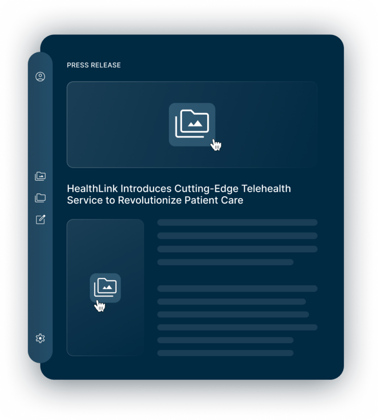 A digital press release interface highlights "HealthLink Introduces Cutting-Edge Telehealth Service to Revolutionize Patient Care" with image placeholders and navigation icons.