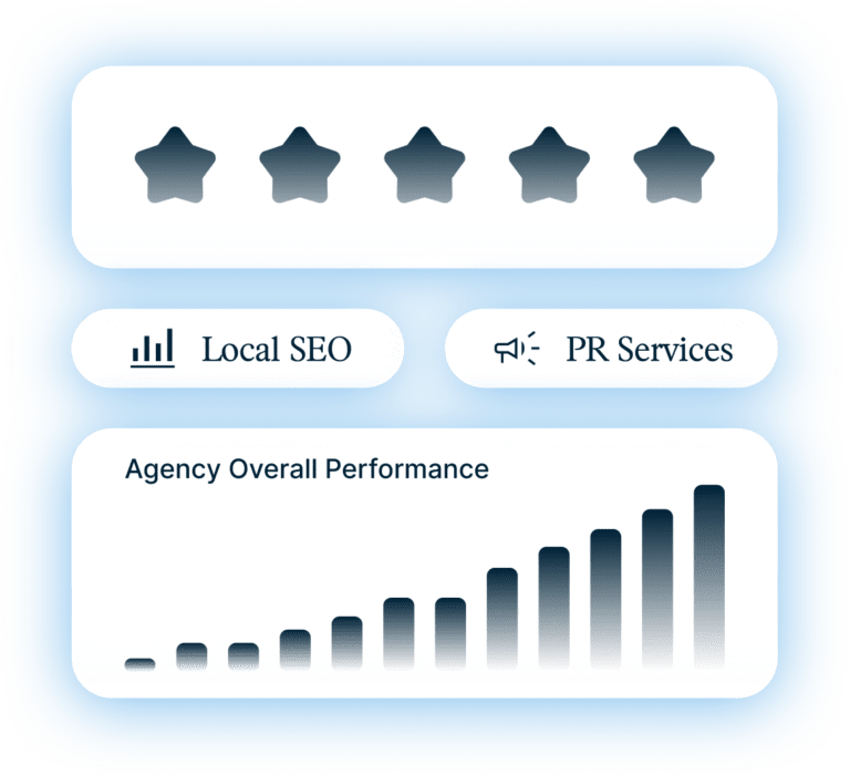 Graphic showing five stars, Local SEO and PR Services buttons, and a bar graph labeled Agency Overall Performance with bars increasing from left to right.