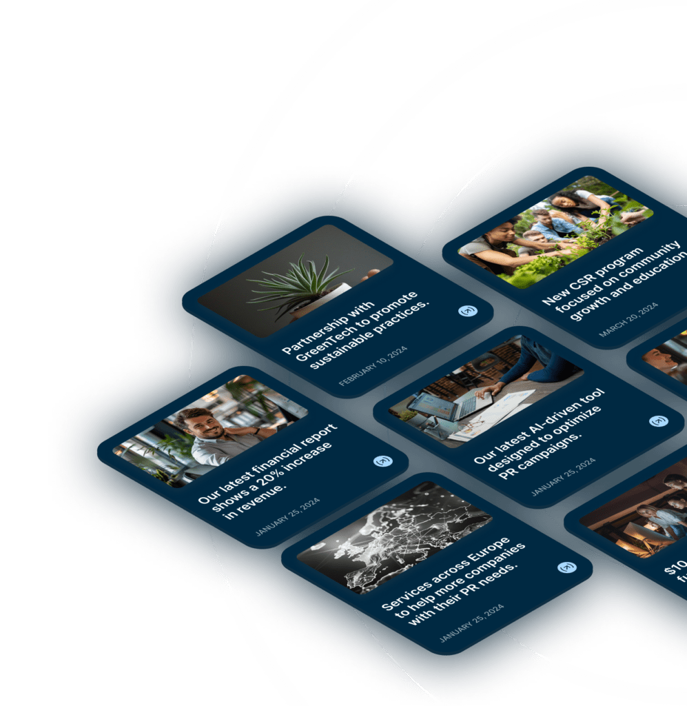 A grid of news cards featuring headlines, images, and dates, displayed at an angle on a white background.