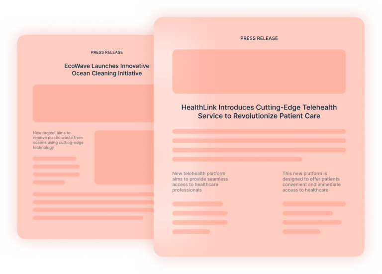 Two overlapping press release documents; one announces an ocean cleaning initiative, the other introduces a new telehealth service to improve patient care.