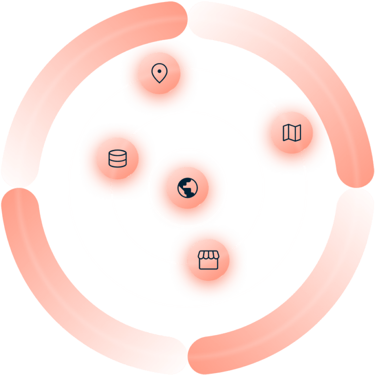 A circular diagram with a central globe icon, surrounded by icons of a map pin, map, store, and database, all within a segmented red gradient ring.
