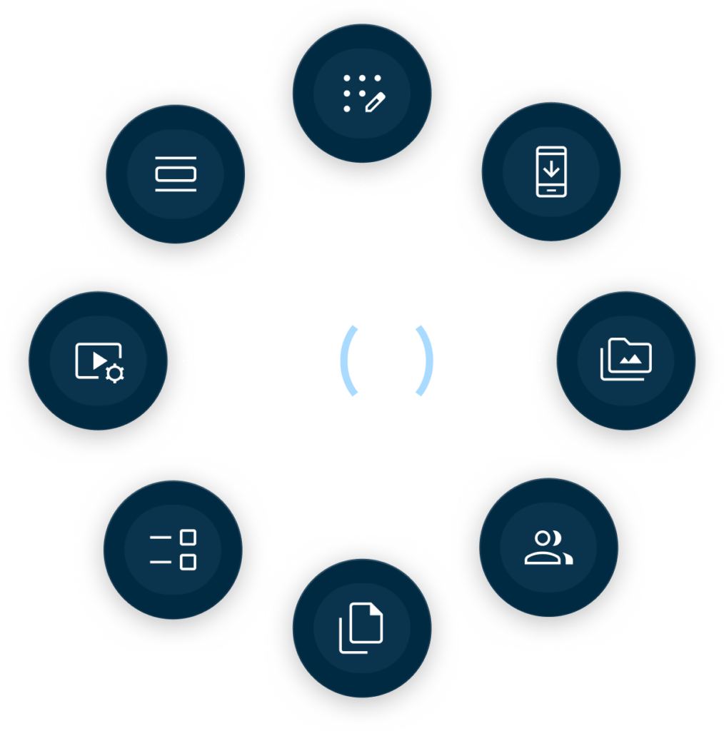 A central circle labeled "S(G)" is surrounded by eight dark circles, each with a unique white icon representing different digital functions or tools.