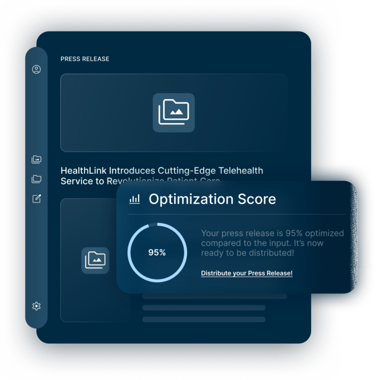 A user interface screen shows a 95% optimization score for a press release about HealthLink’s new telehealth service, indicating readiness for distribution.