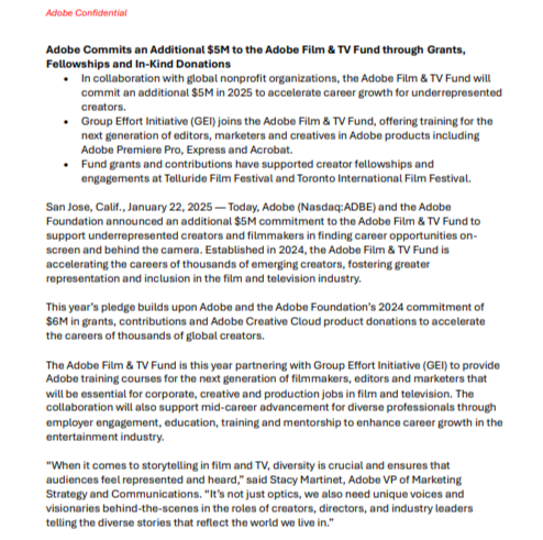 Screenshot of an Adobe press release announcing a $5M commitment in 2025 to support diverse creators in film and TV through grants, fellowships, and donations.