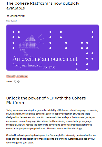 A webpage announces the public availability of the Cohere Platform, featuring a graphic with white lines and dots on a purple background and text about NLP technology.