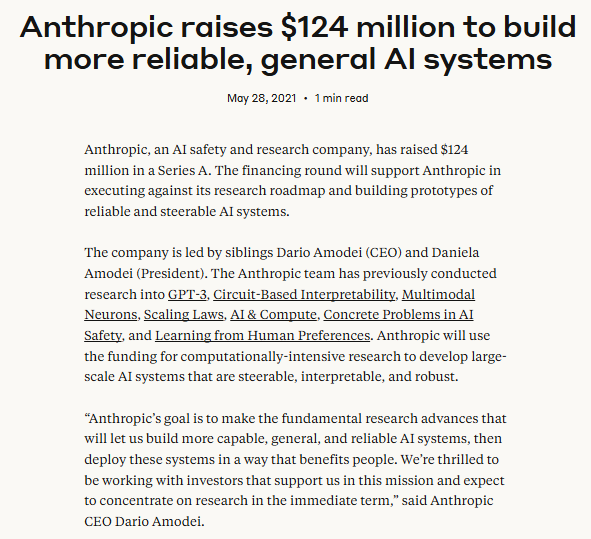 Screenshot of a news article titled "Anthropic raises $124 million to build more reliable, general AI systems," discussing Anthropic's funding and research in AI safety and reliability.