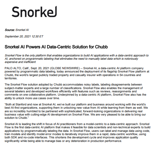 A press release announces that Chubb adopts Snorkel AI&rsquo;s data-centric AI platform to automate data labeling and AI application building, aiming for efficiency and improved business operations.