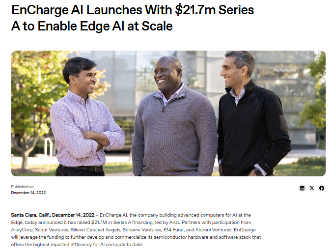 Three men stand together outdoors, smiling and conversing, in front of a blurred urban background. The image accompanies a New Business Launch press release announcing EnCharge AI's $21.7m Series A funding.