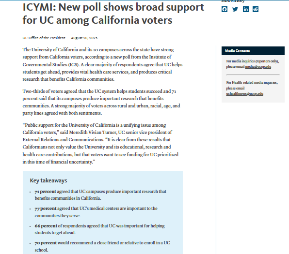 Screenshot of a news article reporting a poll showing public support for UC research, with summary points and a highlighted quote about the university&rsquo;s benefits to California.