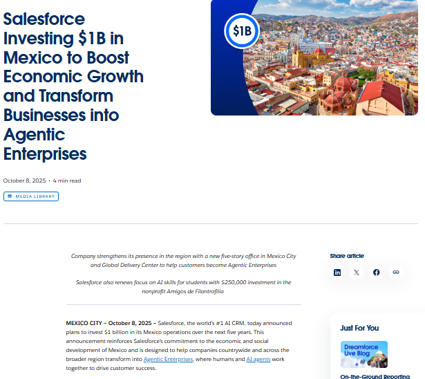 Screenshot of a Salesforce press release announcing a $1 billion investment in Mexico to support economic growth, AI skills training, and business transformation through Agentic Enterprises.