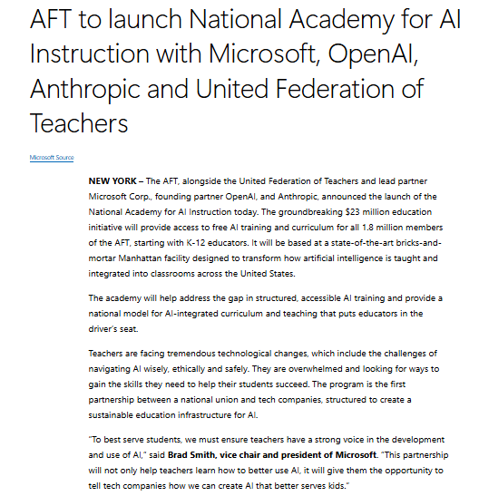 Screenshot of a news article announcing the launch of the National Academy for AI Instruction by AFT with Microsoft, OpenAI, Anthropic, and United Federation of Teachers.