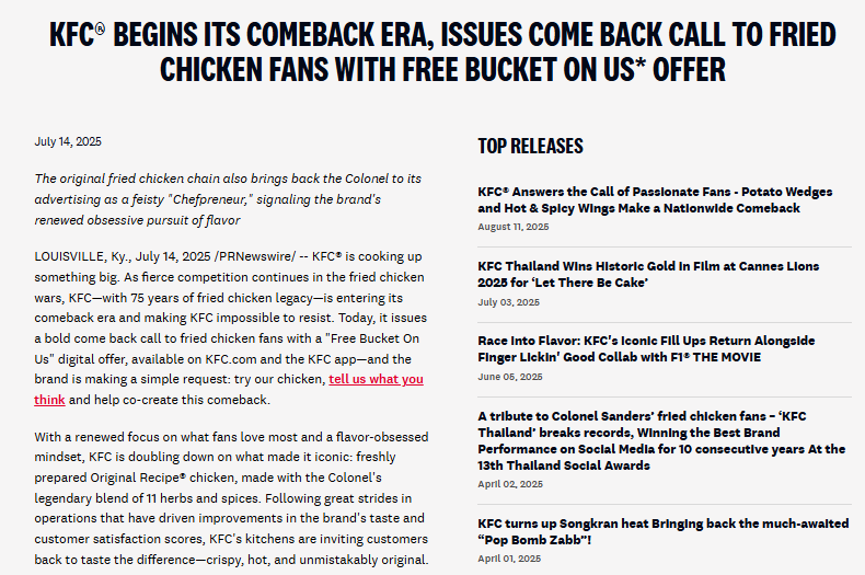 News article announcing KFC&rsquo;s comeback with a free bucket offer. Headline, date, story text, and sidebar show related KFC news releases and announcements.