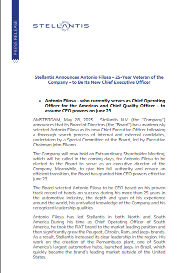 A corporate press release announces Antonio Filosa as CEO of Stellantis, effective June 23, with a summary of his career and leadership experience in the automotive industry.