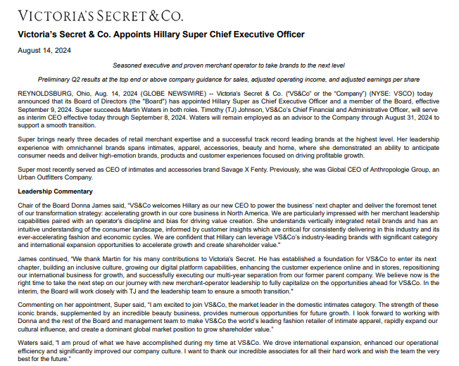 Screenshot of a press release announcing Hillary Super as the new CEO of Victoria&rsquo;s Secret & Co., effective September 8, 2024, with statements from company leadership and details of her background.