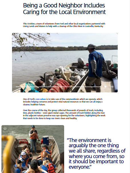 Volunteers in life jackets collect trash from a river in canoes as part of a local environmental cleanup event in Louisville, Kentucky.