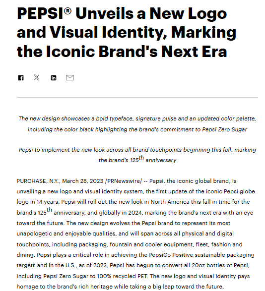 A news article announces Pepsi's new logo and visual identity, detailing updates and the brand&rsquo;s plans for their 125th anniversary and future sustainability efforts.