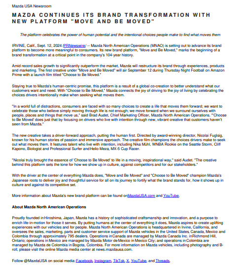 Press release announcing Mazda North America's new brand platform "Move and Be Moved," focused on celebrating human potential and the emotional impact of driving, with a global livestream event.