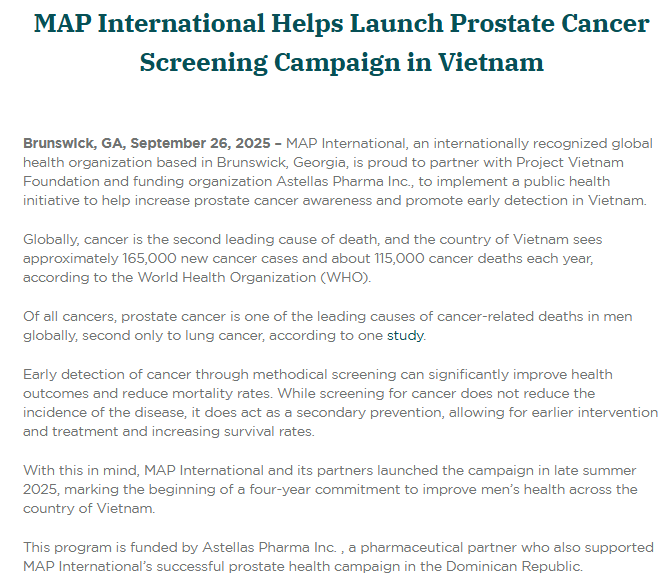 Screenshot of a news article describing MAP International's partnership to launch a prostate cancer screening campaign in Vietnam, detailing global cancer statistics and the initiative's aims.
