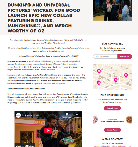 A screenshot of a Dunkin&rsquo; press release about a &lsquo;Wicked&rsquo; movie collaboration, showing themed drinks, merch, and a photo of two people holding beverages on a film set.