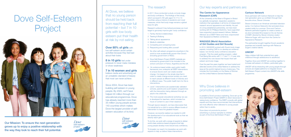 Four smiling girls stand side by side on the left; on the right, two girls smile with arms around each other. The text describes the Dove Self-Esteem Project&rsquo;s mission and research.