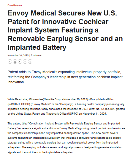 Screenshot of a press release announcing Envoy Medical&rsquo;s new U.S. patent for a cochlear implant system with a removable earplug sensor and an implanted battery.