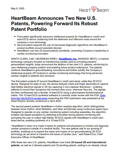 A press release titled "HeartBeam Announces Two New U.S. Patents," detailing new patents and the company's expanded patent portfolio in cardiac diagnostic technology.