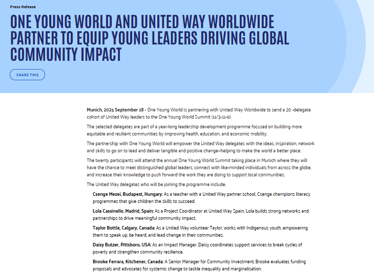 Screenshot of a press release announcing a partnership between One Young World and United Way to support young leaders globally, listing delegate names and roles, dated September 8, 2023.