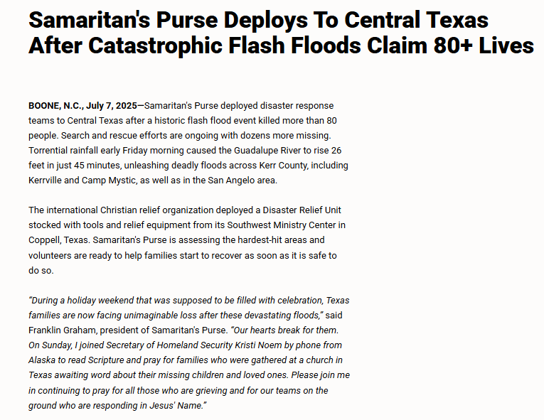 A news article reports Samaritan&rsquo;s Purse sending disaster response teams to Central Texas after fatal flash floods, with quotes from officials and details on relief efforts.