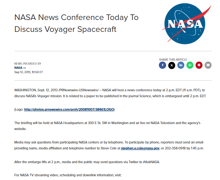 NASA press release announcing a news conference about the Voyager spacecraft, scheduled for September 12, 2013, with contact information and media details.