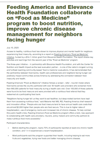 A screenshot of a news article detailing a collaboration to improve chronic disease management for people facing hunger, with headlines and the first part of the article visible.