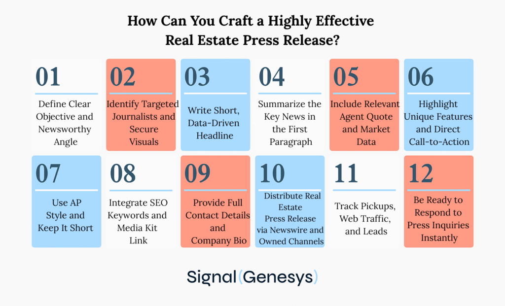 A step-by-step infographic lists 12 tips for crafting an effective real estate press release, including defining objectives, writing a standout headline, using SEO strategies, and distributing the release to boost visibility.