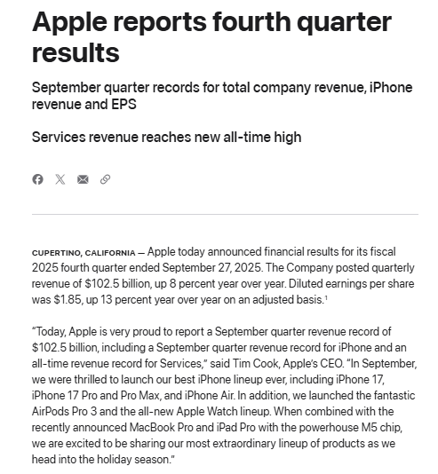 Screenshot of a news article headline and excerpt reporting Apple's record fourth quarter results for September 2025, highlighting increased revenue, earnings per share, and product launches.