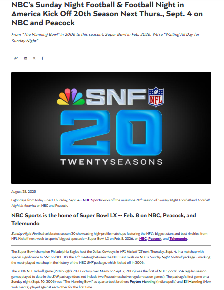Screenshot of an NBC Sports article announcing the 20th season of SNF, starting September 4, 2025, with game highlights and broadcast details.