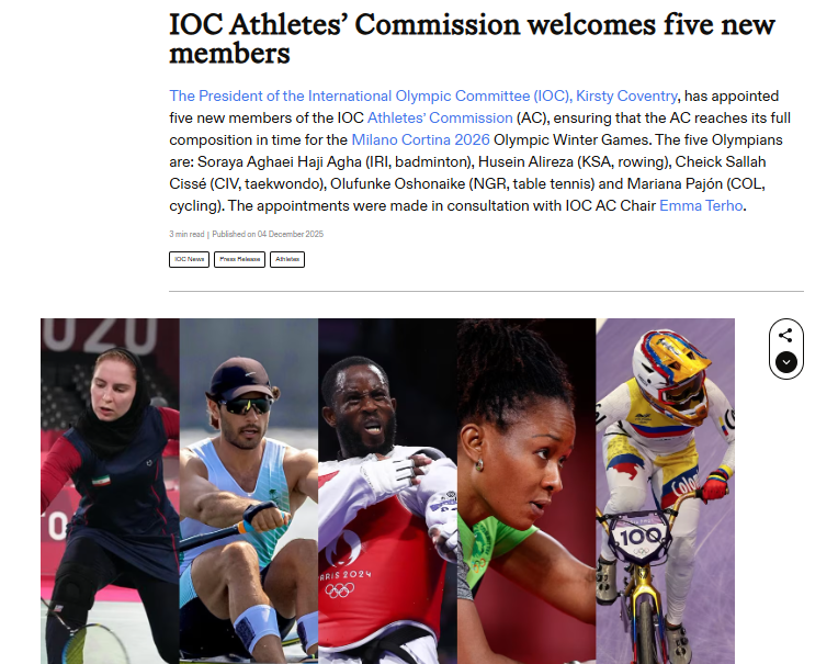 Five athletes from various sports and countries are pictured, representing the new members welcomed to the IOC Athletes&rsquo; Commission for the Milano Cortina 2026 Olympic Winter Games.