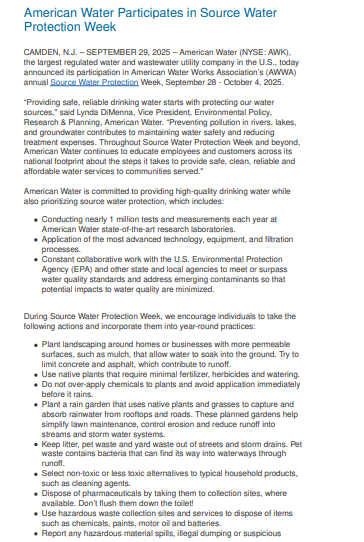 Screenshot of a news release announcing American Water&rsquo;s participation in Source Water Protection Week, detailing steps for protecting water sources and promoting water quality initiatives.