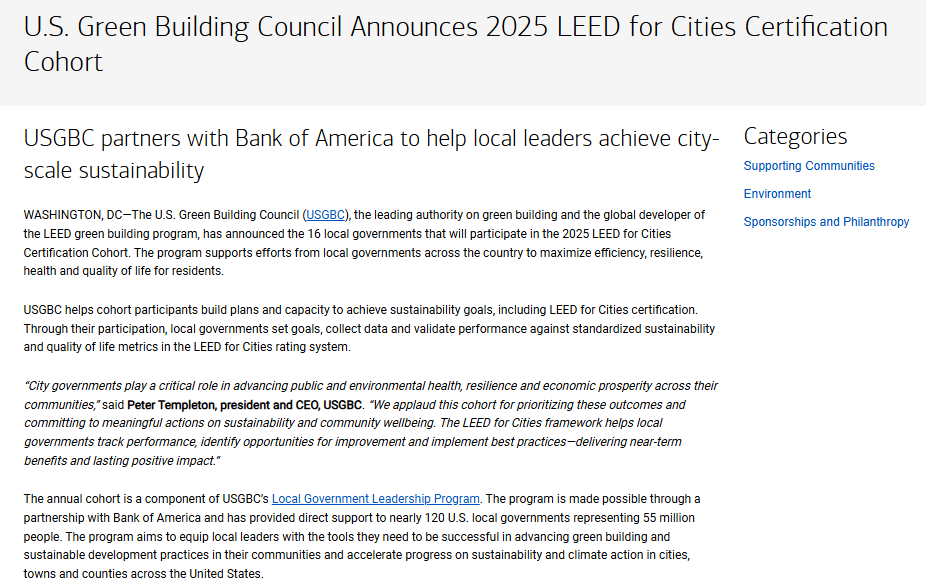 Screenshot of a webpage announcing the 2025 LEED for Cities Certification Cohort, highlighting a partnership with Bank of America to support city-scale sustainability and local government participation.