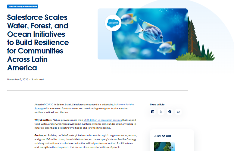 Screenshot of a Salesforce web article titled &ldquo;Salesforce Scales Water, Forest, and Ocean Initiatives to Build Resilience for Communities Across Latin America&rdquo; with an illustration of a fish and coral.