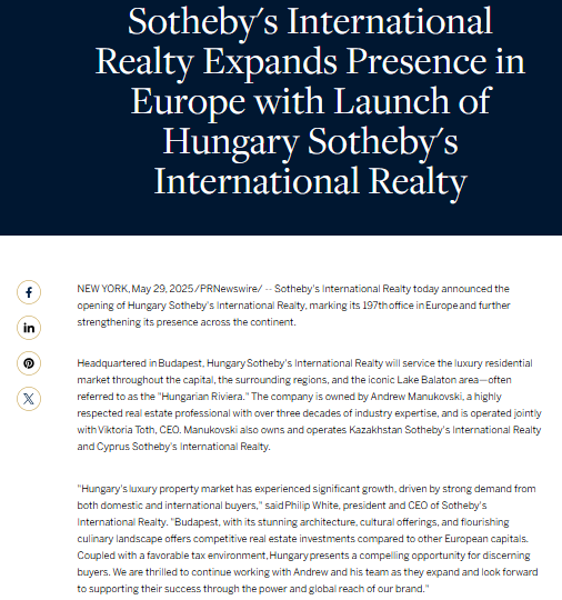 Screenshot of a news article announcing Sotheby's International Realty's expansion in Europe with the launch of Hungary Sotheby's International Realty, headquartered in Budapest.