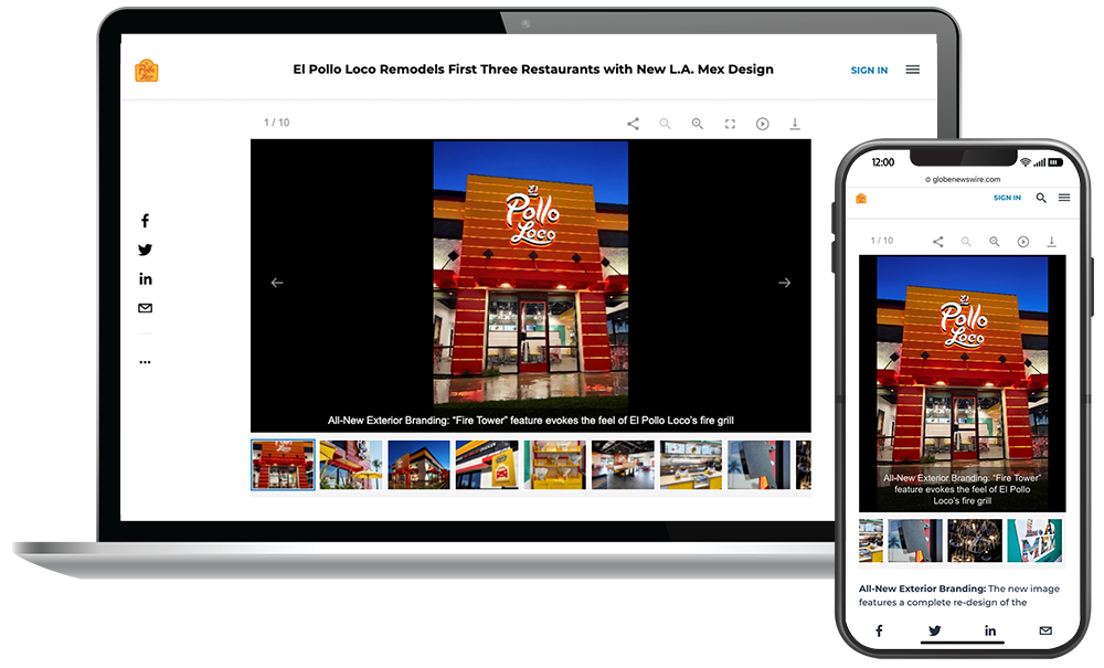 A laptop and a smartphone display the same news article featuring a photo of an El Pollo Loco restaurant with new exterior branding.