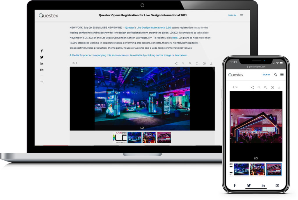 A laptop and smartphone display a news article about Questex opening registration for Live Design International 2021, featuring images of a brightly lit event space.