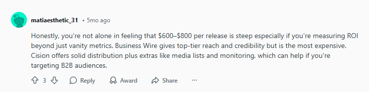 A Reddit comment discusses the high cost of press release distribution services like Business Wire and Cision, comparing their value for B2B audiences.